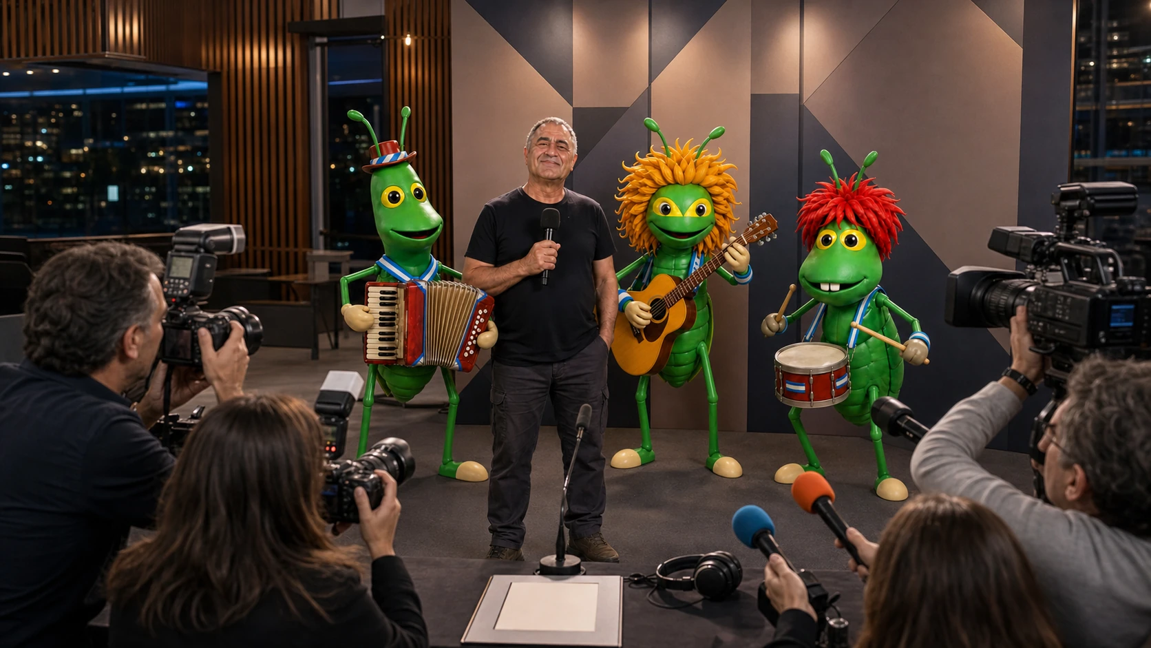 ציון שירי ושלושת נגני המדביר המזמר מול עיתונאים וצלמים