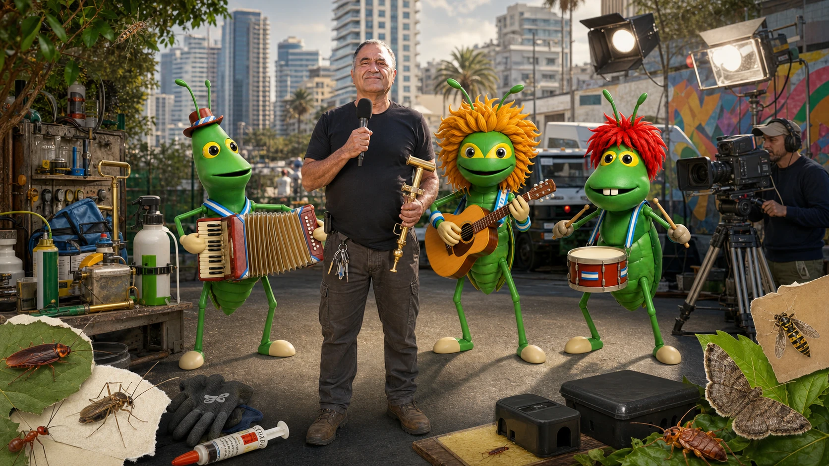 ציון שירי ושלושת נגני המדביר המזמר בקולאז׳ של מוזיקה, מדיה ועבודת הדברה