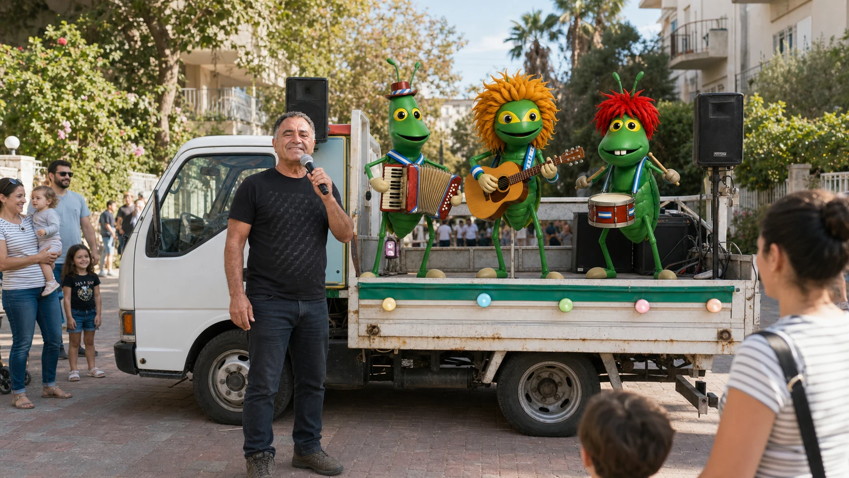 ציון שירי שר ברחוב לצד הרכב המזמר ושלושת נגני המדביר המזמר